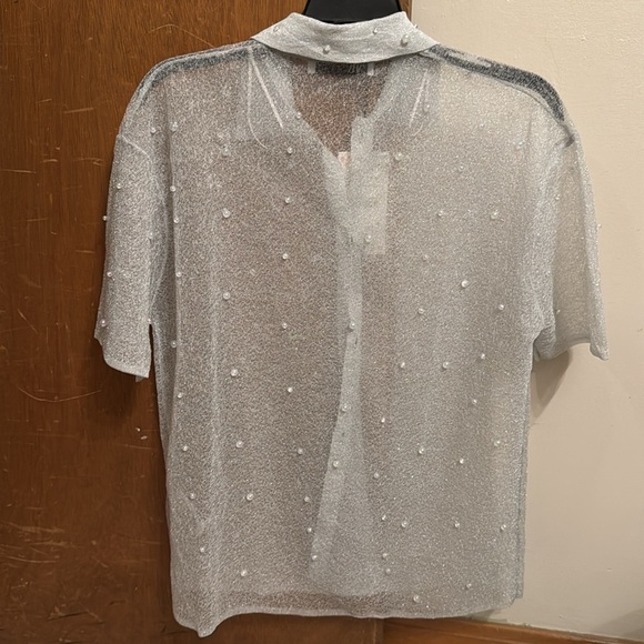 ZARA PEARL TRIM SEMI SHEER KNIT SHIRT S-M BNWT - Picture 5 of 10